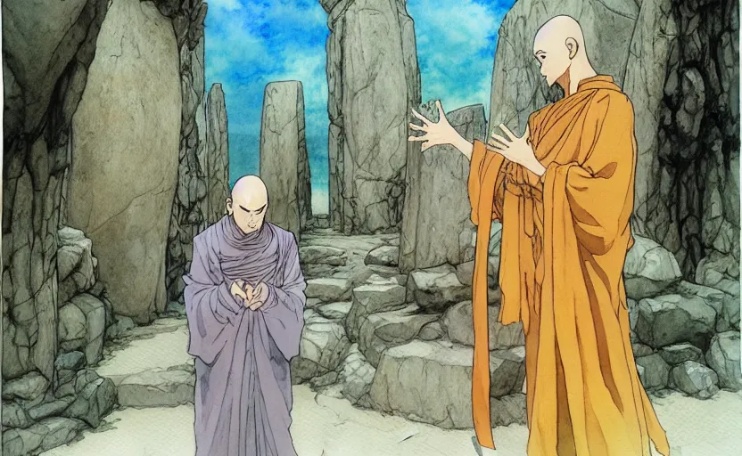 Prompt: a realistic anime watercolor fantasy concept art of a giant monk with a big forehead and a grey robe holding his hand up in stonehenge. an immense stone is floating in the air. by rebecca guay, michael kaluta, charles vess