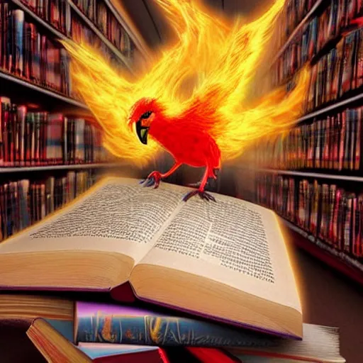 Prompt: a cute flaming mythical firebird reading a book in a library #epic-3D-digital-artwork