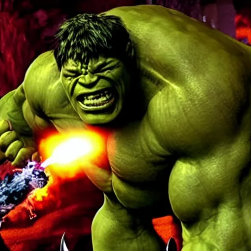 Image similar to The hulk in hell fighting Satan 4K detail