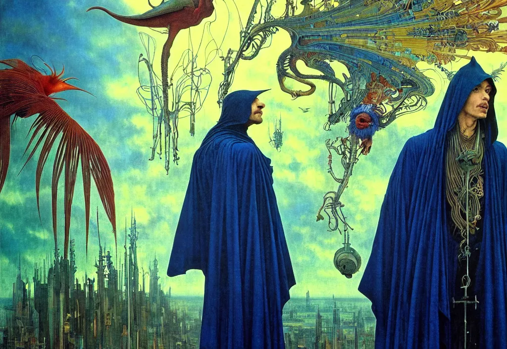 Prompt: realistic detailed portrait movie shot of a birdman wearing dark robes, sci fi city landscape background by denis villeneuve, amano, yves tanguy, alphonse mucha, ernst haeckel, max ernst, roger dean, masterpiece, rich moody colours, blue eyes, mysterious