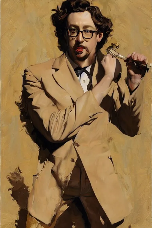 Image similar to sam hyde, painting by jc leyendecker!! phil hale!, angular, brush strokes, painterly, vintage, crisp