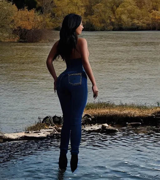 Prompt: rear shot film still of kim kardashian wearing high waist jeans, standing by a lake, intricate, elegant, highly detailed, smooth, sharp focus.