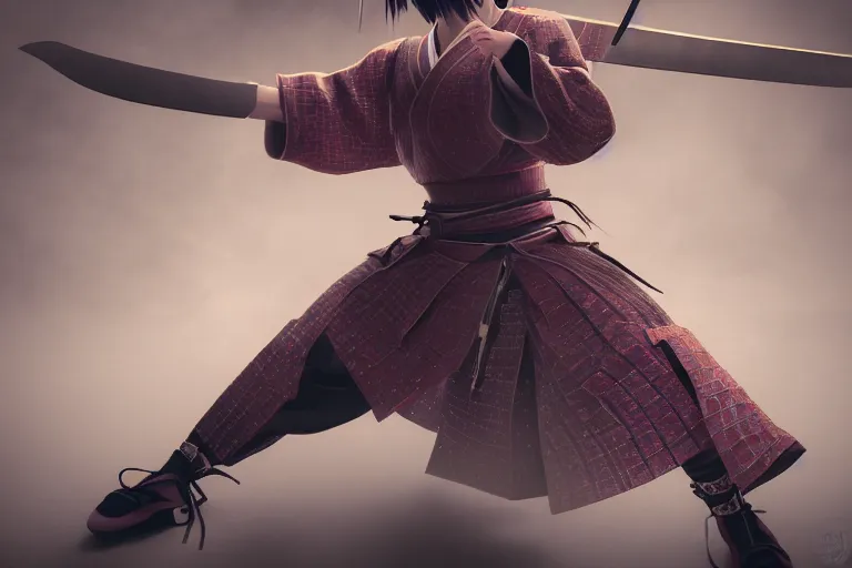 Image similar to highly detailed beautiful photo of a young female samurai, practising sword stances, symmetrical face, beautiful eyes, realistic anime art style, 8 k, award winning photo, pastels, action photography, 1 / 1 2 5 shutter speed, dramatic lighting