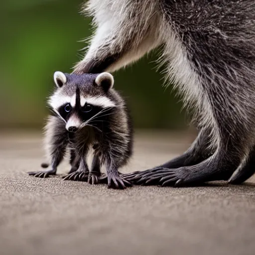 Image similar to a cute baby raccoon playing with a white sneaker shoe, strings undone, highly detailed, award winning, national geographic wildlife photo, bokeh, 5 0 mm f 1. 4, soft lighting