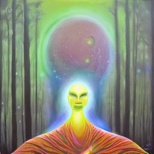 Image similar to painting of a tranquil alien made of light and glows meditating in dense forest by Lobsang Melendez Ahuanari, acrylic art, ethereal, soothing, somber, elegant, warm light, cozy, breathtaking,