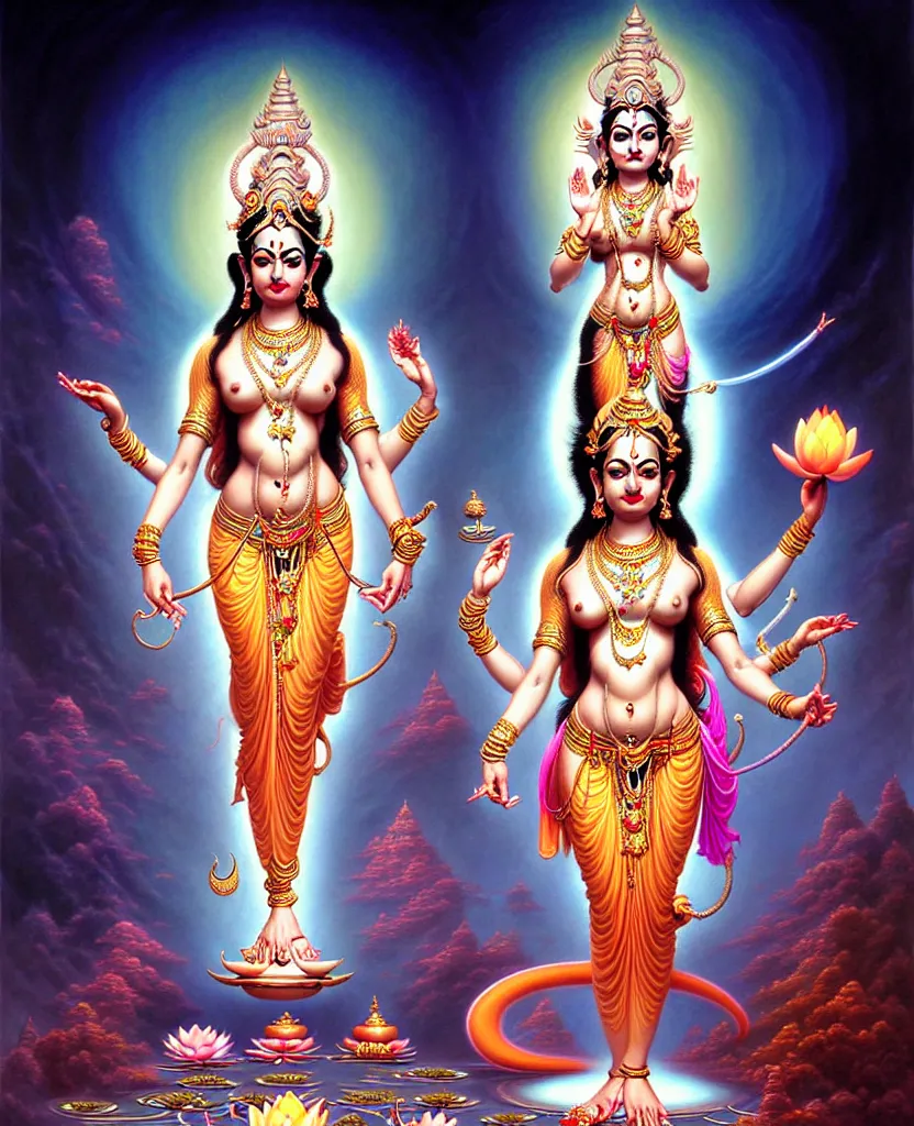 Prompt: beautiful hindu goddess laxmi fantasy character portrait, four hands, standing on a lotus, ultra realistic, intricate details, the fifth element artifacts, highly detailed by peter mohrbacher, hajime sorayama, wayne barlowe, boris vallejo, aaron horkey, gaston bussiere, craig mullins