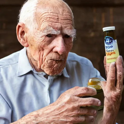 Image similar to An elderly man intensely drinking mayonnaise straight from the bottle, dramatic lighting