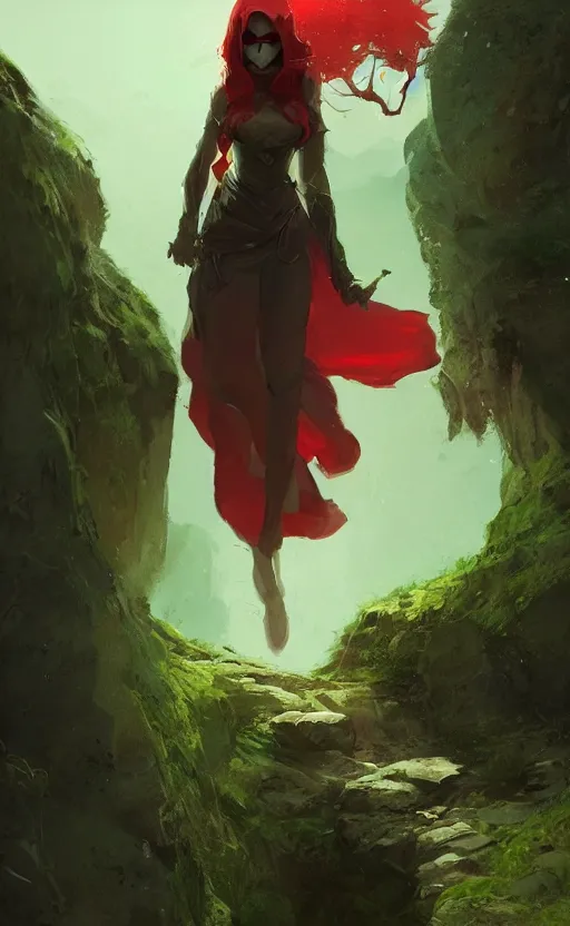 Image similar to a beautiful illustration of a woman with red hood walking between rocks, by greg rutkowski, digital artwork, artstation, cgartists, conceptartworld, deviantart, magic the gathering artstyle, floating magical rocks, lush green meadow