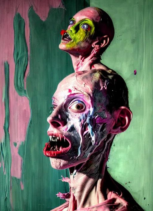 Image similar to an insane, skinny, artist wearing dirty, torn overalls, expressive painting the walls inside a grand messy studio, depth of field, hauntingly surreal, highly detailed painting by francis bacon, edward hopper, adrian ghenie, glenn brown, soft light 4 k in pink, green and blue colour palette, highly detailed, cinematic composition, unreal engine render,