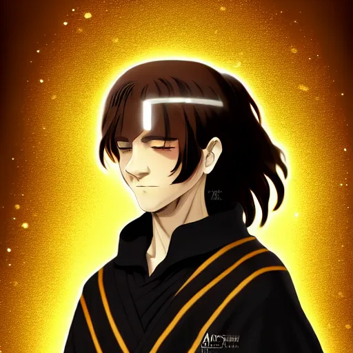 Image similar to a man with with brown hair, eyes with stars and galaxies in his eyes, wearing a black robe with the tips made of gold, anime, trending on artstation, high quality