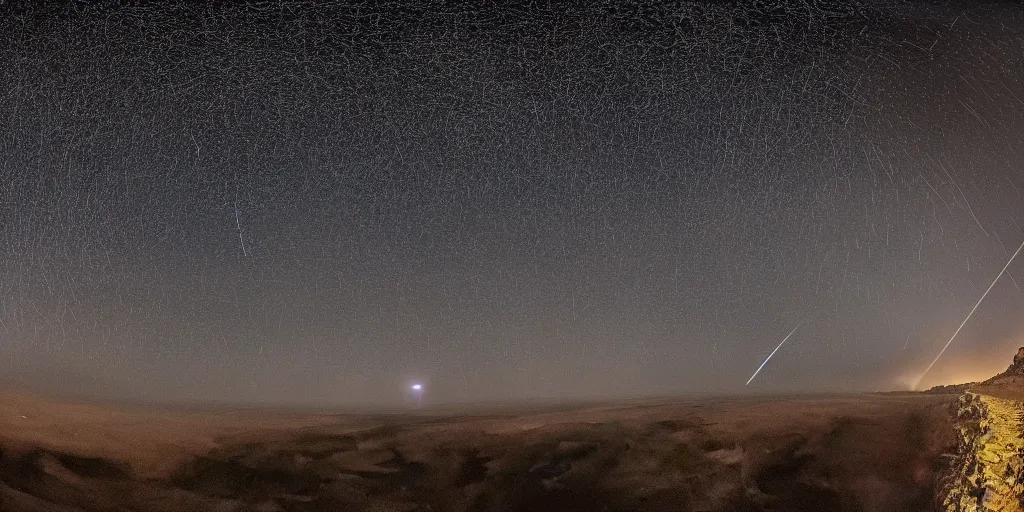 Prompt: hyper detailed and hyper real photo of the most insane meteor shower in history as a comet passes above, very dramatic and amazing, scary