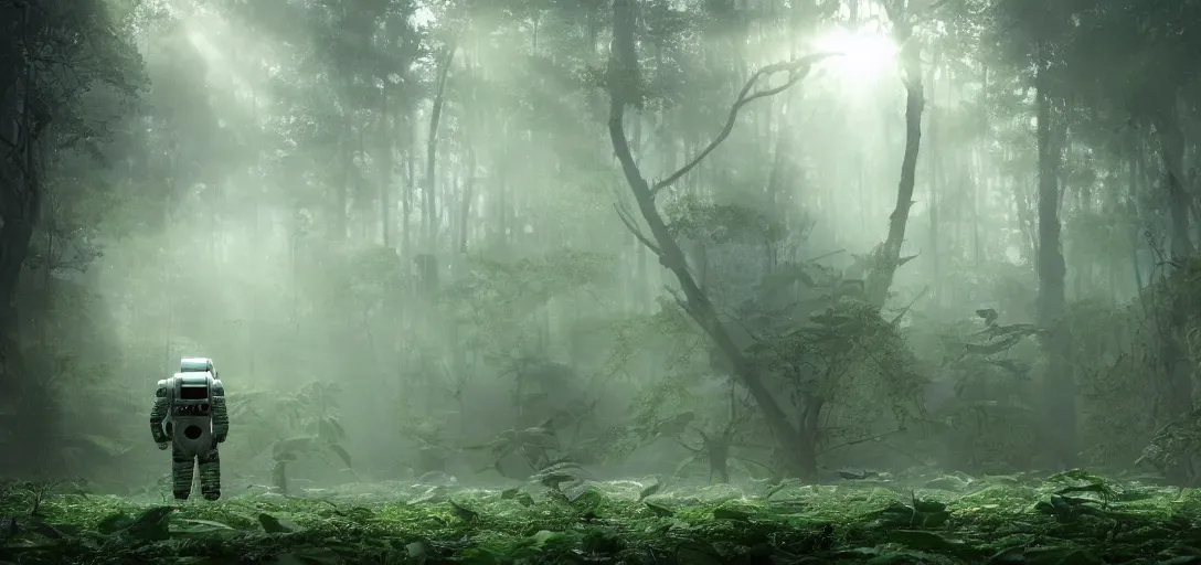 Prompt: an astronaut visiting a complex organic fractal 3 d metallic symbiotic ceramic humanoid megastructure creature in a swampy lush forest, foggy, sun rays, cinematic shot, photo still from movie by denis villeneuve, wayne barlowe