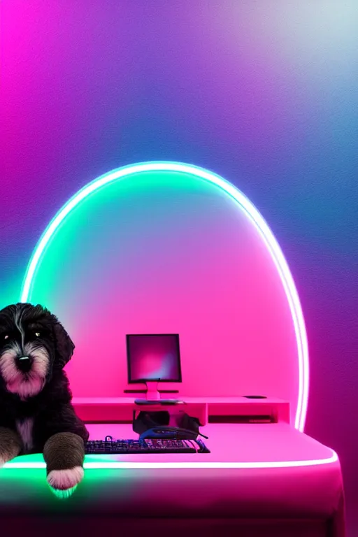 Image similar to a cute bernedoodle puppy sitting in gaming chair + neon rgb light strips, large computer monitor, space themed walls, vaporwave, dramatic, confident, rule of thirds, 4 k, award winning, octane render, volumetric lighting