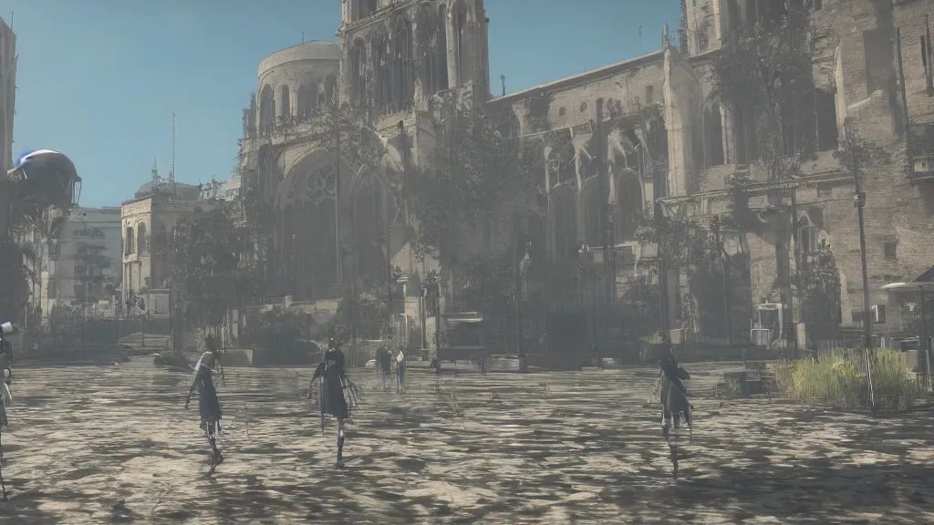 Prompt: Screenshot from Nier Automata, near Notre-Dame de la Garde in Marseille