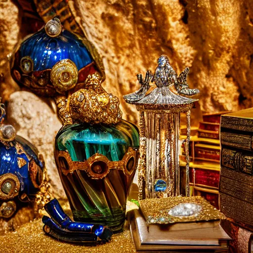 Prompt: dramatic photo of an ancient dark byzantine cave interior, Venetian Murano blown glass bottle on a pile of crystals, books covered in jewels, ornate, surrounded by strange crystals and treasure, full of sand and glitter, Byzantine, cinematic, jewels, 35mm lens