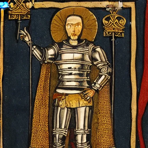 Prompt: man in 15 century decorated with gold crusader armor and cape with kingdom of jerusalem insignia da vinci art style