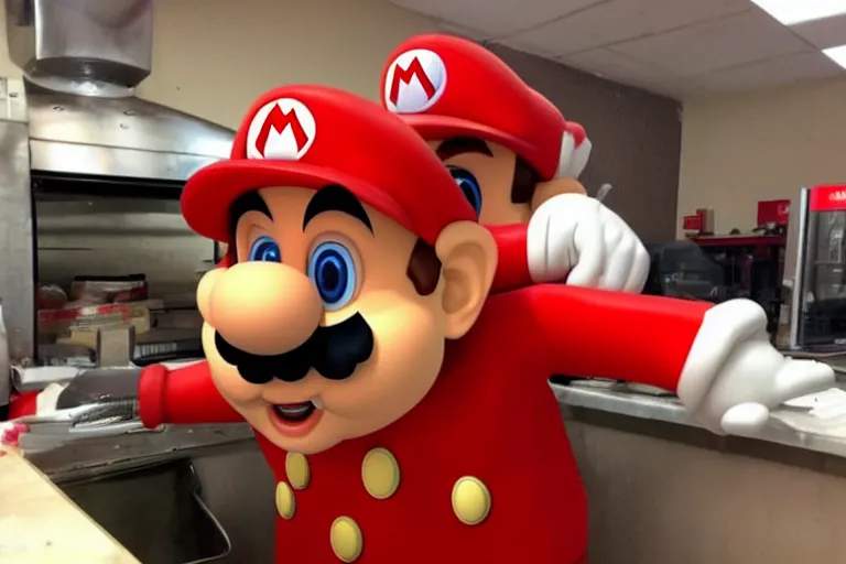 Prompt: super mario working at pizza hut