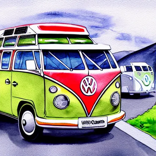 Image similar to fisheye perspective caricature watercolor painting of a vw volkswagen bus, bulli, type - 2, microbus, kombi from pixars cars with eyes instead of a windshield flying towards the camera, jumping at the viewer doors fully open, luggage in the air, dynamic action shot, fish eye lense, frontal, huge vulcano is seen in the background