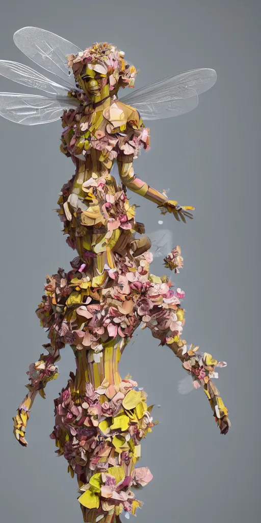 Image similar to an anthromorphic beautiful bee woman wearing striped couture made out of wax and paper and flower petals, running in a papercraft field of flowers, trending on Art Station, 3D, octane render,