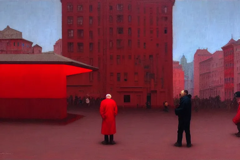 Image similar to only with red, a red old man try to sell a portrait, a crowd cheering, in a city square, in the style of beksinski, parts by edward hopper, parts by rodcenko, parts by yue minjun, intricate and epic composition, red by caravaggio, insanely quality, highly detailed, masterpiece, red light, artstation, 4 k