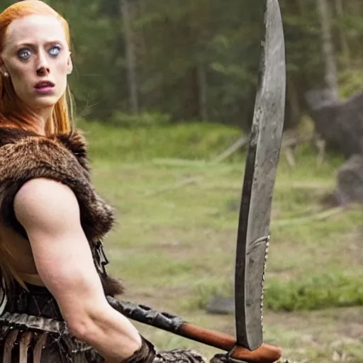 Prompt: deborah ann woll as a barbarian warrior in a dystopian future battleground