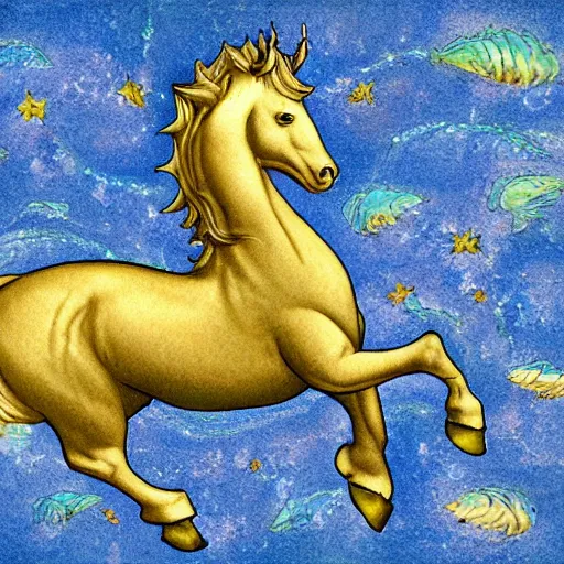 Image similar to a merhorse hippocampus capricorn, fantasy art,