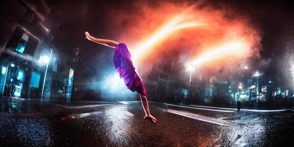 Image similar to fisheye lens slow motion with trail effect of futuristic break dancer wearing floating long dress with neon lights, long exposure shot , at night in the middle of a rainy wet street, paddle of water, steam, fog, water splashes, rim lights, glossy reflections, water droplets on lens, octane render, dark and dramatic, fire explosions in the background, detailed and soft, fisheye lens, smooth, sharp focus, illustration, art by artgerm and greg rutkowski and Annie Leibovitz, graphic glitches