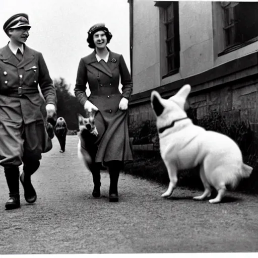 Prompt: ultra wide historical photo of young queen elizabeth and her corgis conquering nazi germany, sharp focus, highly detailed