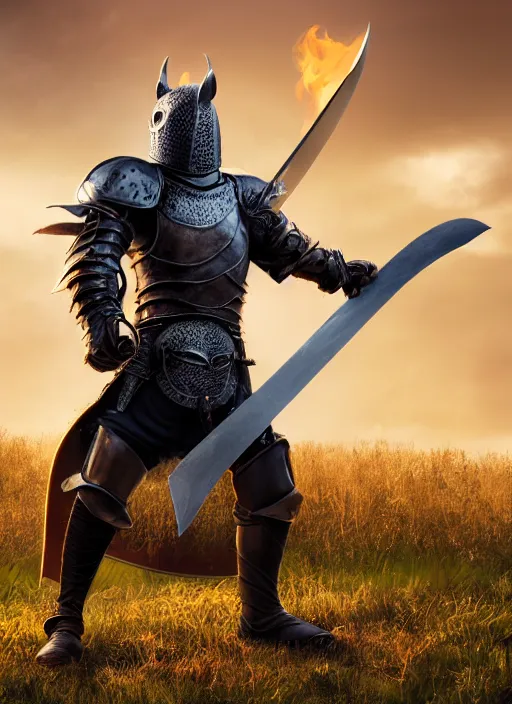 Image similar to full body portrait of half rat knight holding a great sword made of fire, anthropomorphic, hyper realistic, high detail, photo realistic, cinematic lighting, rendering by octane, spot lighting, in a open field, high quality, coherent. green hue armor