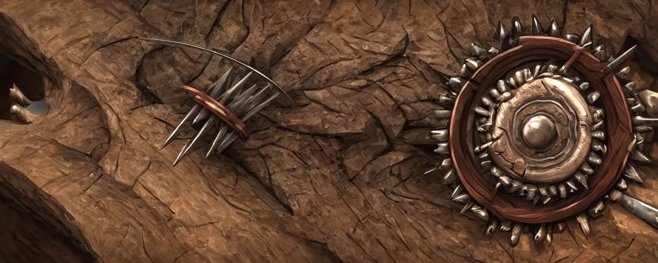 Image similar to wooden ring with spikes, ring, wood, steel, sword, smooth shank, engravings, product design, jewelry, art by gerald brom, greg rutkowski and artgerm and james jean and zdzisław beksinski, 8 k, unreal engine, c 4 d