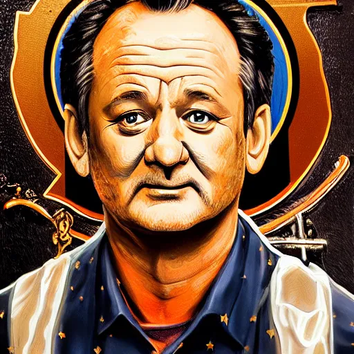 Image similar to epic close up portrait painting of bill murray in ghostbuster depicted like a saint in a orthodox icon, ornate, very beautiful, concept art, realistic painting, 8 k, hd,
