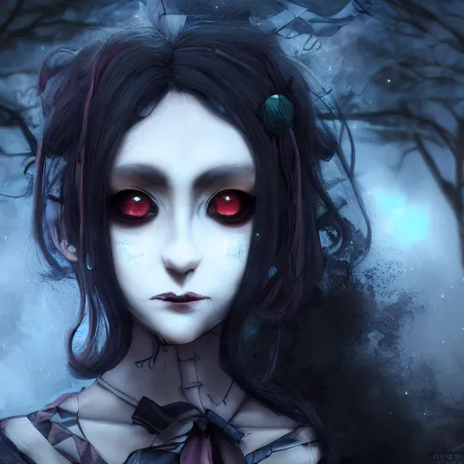 Prompt: full shot portrait of angry darkness cute anime girl at moonlight, gothic wearing, inspired by Tim Burton, WLOP, Marc Simonetti, Amano, Andrei Riabovitchev, detailed, unreal engine 4k volumetric light, fog,