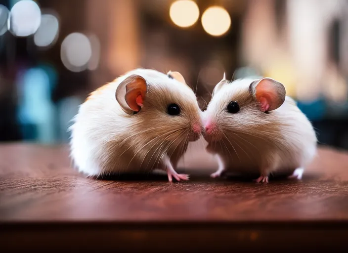 Image similar to photo of a hamsters on a date, kissing, at night, romantic, faded colors, candlelit restaurant table, cinematic color grading, various poses, soft light, well framed, sharp focus, 8 k