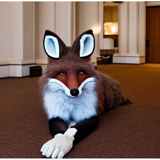 Prompt: a fox fursuit laying on the floor in a fancy hotel lobby, studio lighting Canon f/1.8 aperture cinematic 32mm lens