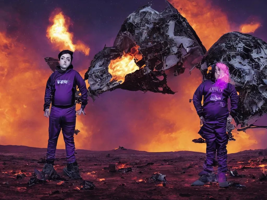 Prompt: portrait of a sad overweight teenager with emo haircut, wearing gothy purple and black space spandex suits, standing next to smashed burning spacecraft wreckage, on the orange surface of mars, highly detailed, dramatic lighting, photorealistic, cinematic