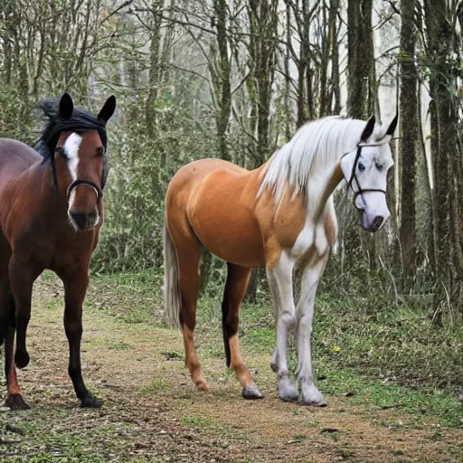 Prompt: two horses lying on the woods path, having arrows on their body, photo, 8 k