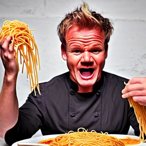 Prompt: <photo hd>Gordon Ramsey yells while eating spaghetti with his hands</photo>