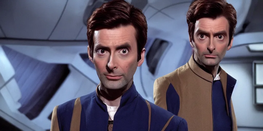 Image similar to David Tennant as Doctor Who in the role of Captain Kirk in a scene from Star Trek the original series