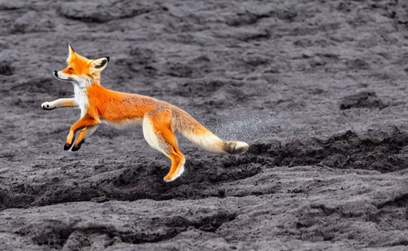 Prompt: A fox jumping over a lake of lava