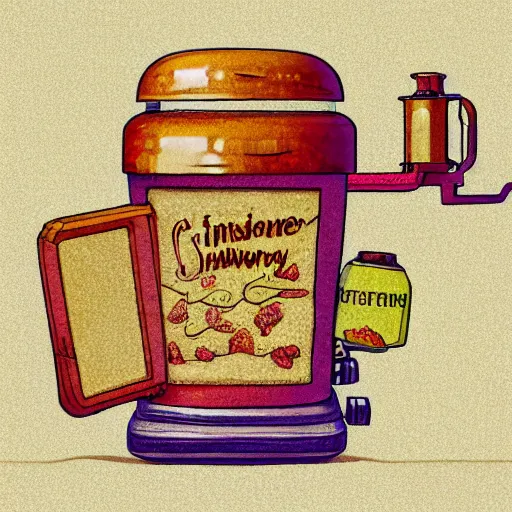 Image similar to fineline painting anthropomorphic toast in an isometric steampunk strawberry jam factory, colour pallette of strawberry shortcake, incredible detail, vray render subsurface scatter drum scanner, intricate complexity, golden ratio, cartoon animation pendleton ward, 8 k detail