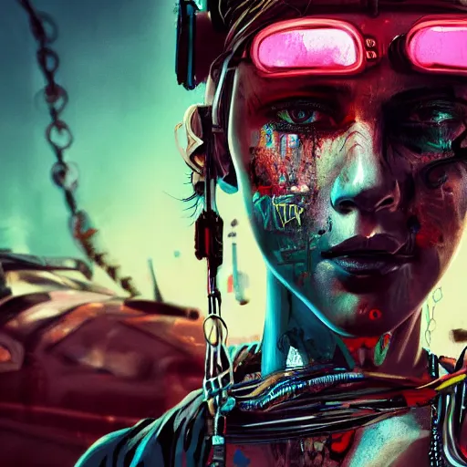 Image similar to highly detailed portrait of a post-cyberpunk south african young lady by Akihiko Yoshida, Greg Tocchini, 4k resolution, mad max inspired, wild neon color scheme with south african symbols and graffiti