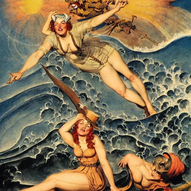 Prompt: a pirate witch summoning a giant wave by william blake and art frahm and earl moran and fritz willis and gil elvgren, detailed, photorealism