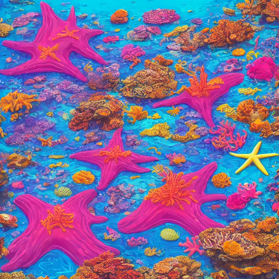 Prompt: album art, retrofuturism, of different coloured corals, with big starfish, creatures, rocky landscape, floating waterfalls, omni magazine, beautiful visuals