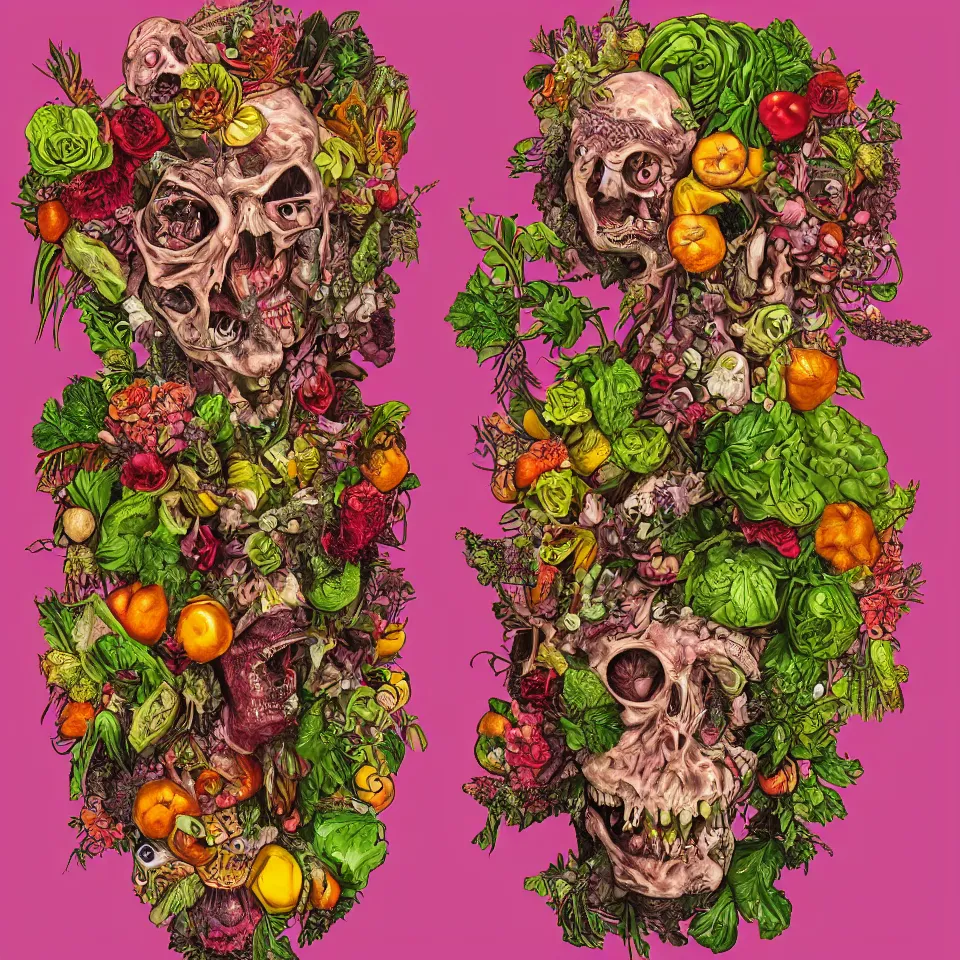 Prompt: hyper-detailed portrait of a zombie punk made out of fruits, vegetables and flowers in the Baroque style of Arcimboldo, cinematic lighting, dull pink background