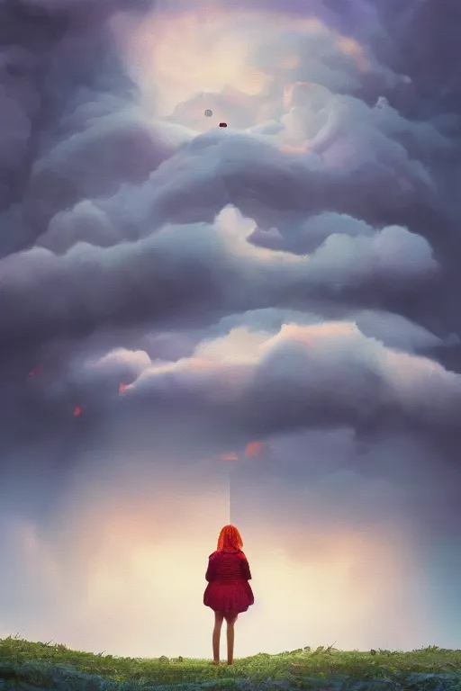 Image similar to closeup perspective, giant dahlia flower as head, girl standing on mountain, surreal photography, blue storm clouds, dramatic light, impressionist painting, digital painting, artstation, simon stalenhag