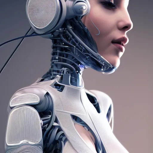 Image similar to a beautiful woman wearing robot suit with wires and light, highly detailed, photorealistic, artstation, smooth