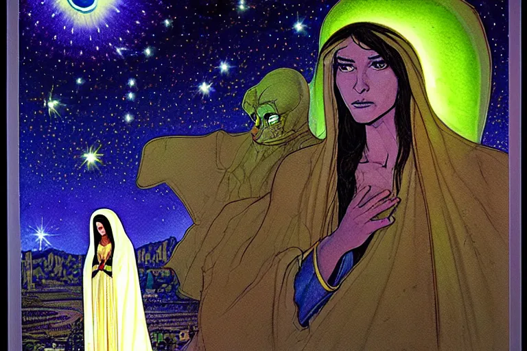 Image similar to a hyperrealist watercolour character concept art portrait of the blessed virgin mary protecting the city from an alien invasion on well lit starry night in las vegas, nevada. neon lights. there is a man in black. by rebecca guay, michael kaluta, charles vess and jean moebius giraud