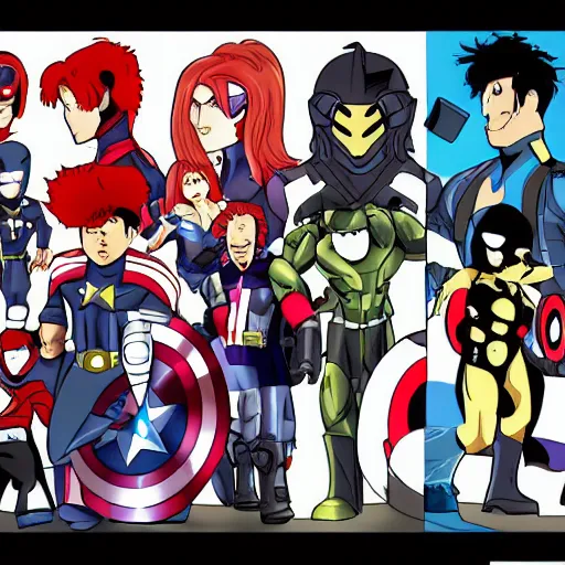 Prompt: the avengers in the style of yuyuko takemiya and gen urobuchi