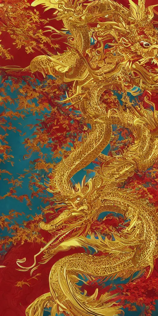 Image similar to golden paper + an intricate chinese dragon depiction + elaborate red illustration by wu daozi, makoto shinkai, tang yin, very detailed, deviantart, 8 k vertical wallpaper, tropical, colorful, airy, anime illustration, anime nature wallpap