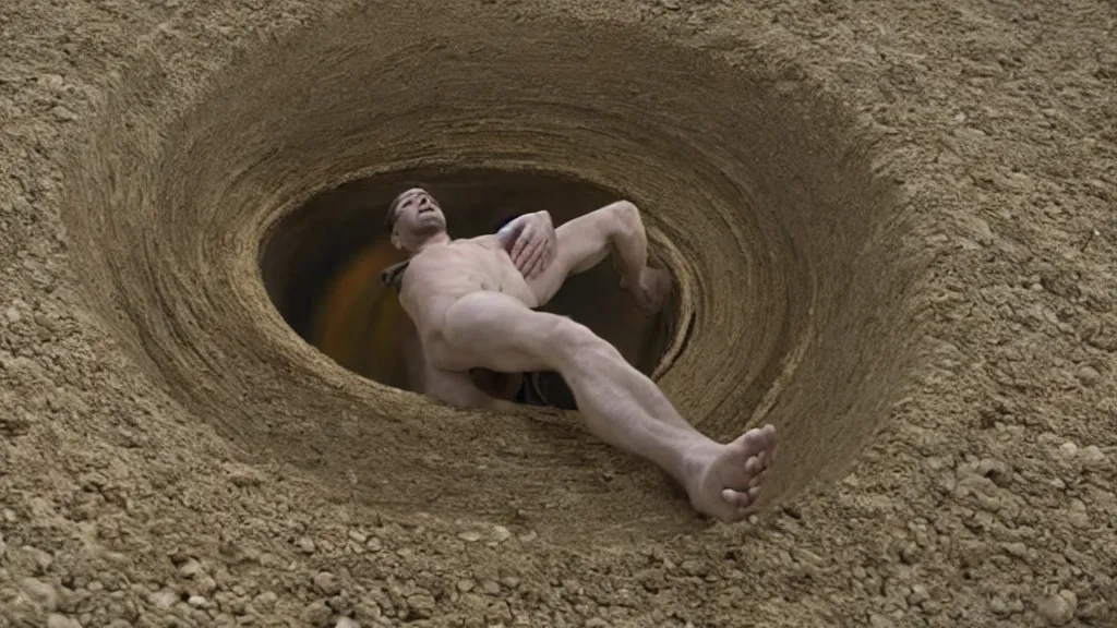 Image similar to A man falling into a 5 hour vortex, film still from the movie directed by Denis Villeneuve with art direction by Salvador Dalí, wide lens